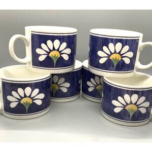 Spring Daisy by Oneida Set of Six Mugs Coffee Cups Denim Blue White Daisy
